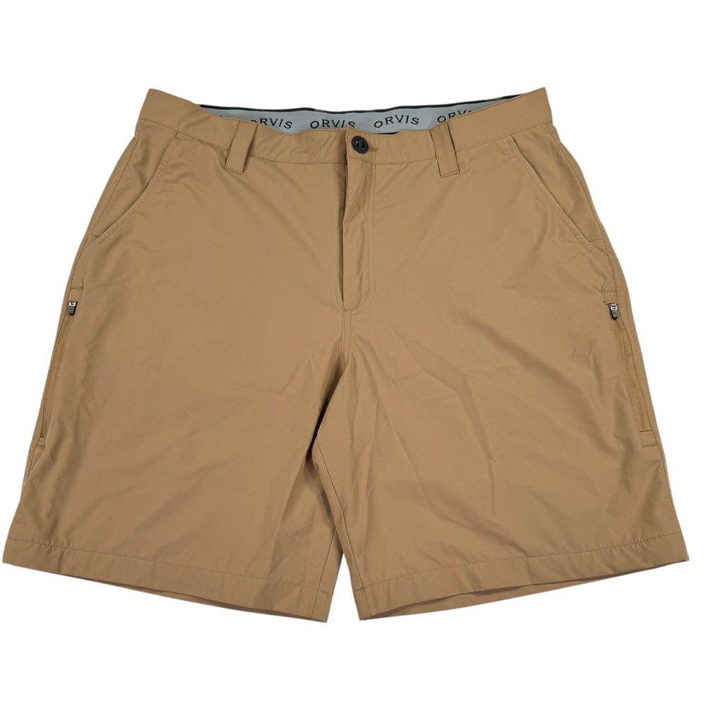 Orvis Mens 36 Khaki Hiking Fishing Shorts Stretch Performance Zip Pocket Tan